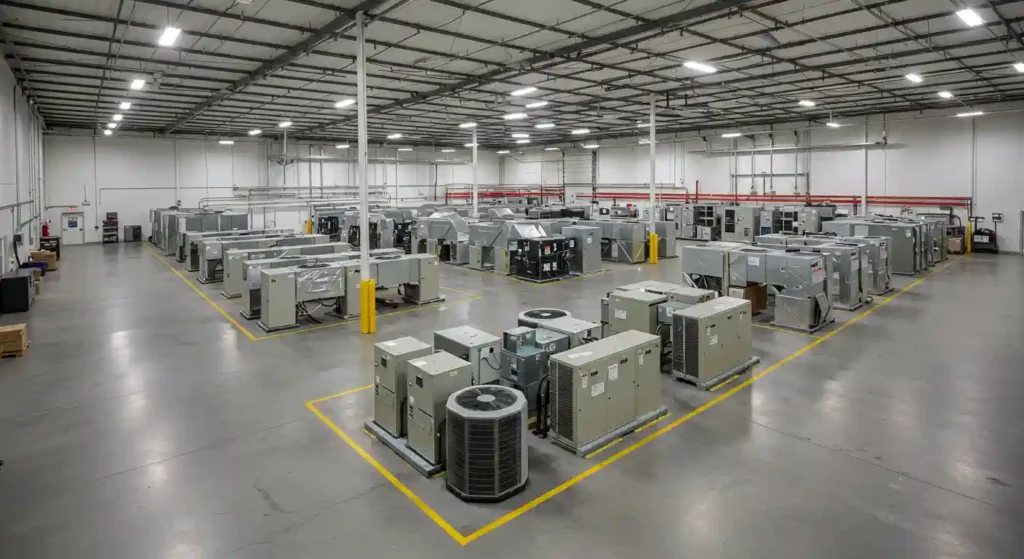 An overhead view of a large, brightly lit industrial warehouse or testing facility filled with rows of various HVAC units, including commercial and residential-style condenser units and air handlers. The units are organized on the grey concrete floor, demarcated by yellow safety lines.