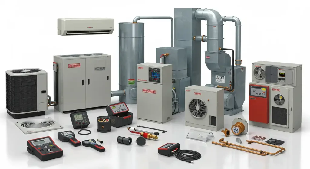 A comprehensive collection of HVAC equipment and tools displayed against a white background. Visible items include various air handling units, a furnace/boiler system with ductwork, outdoor condenser units, a mini-split indoor unit, and numerous testing devices such as digital manometers, thermal cameras, and electronic leak detectors, many branded as "AMETEK."