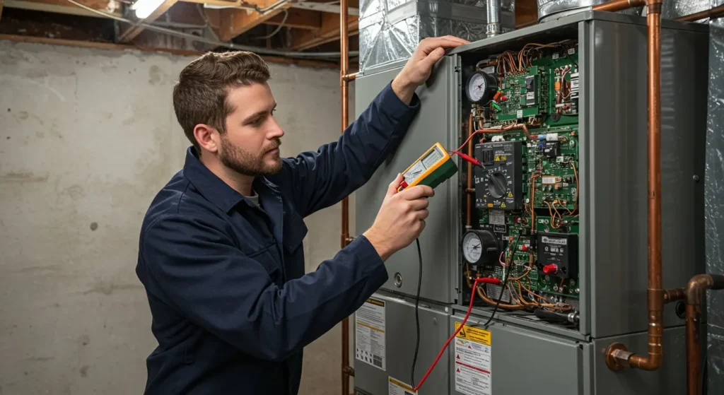 HVAC technician checking furnace circuit board.