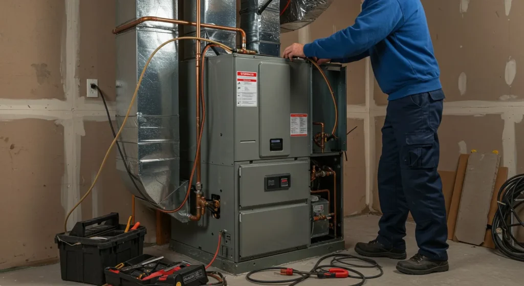 Technician servicing residential HVAC furnace system.