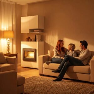 Cozy living room with a modern furnace, illustrating home comfort and heating efficiency