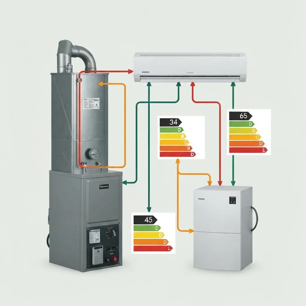 Visual representation of HVAC systems — furnace, air conditioner, and heat pump — illustrating efficiency ratings